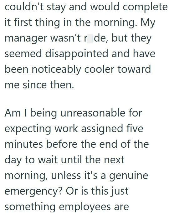 couldn't stay and would complete it first thing in the morning. My manager wasn't ride, but they seemed disappointed and have been noticeably cooler toward me since then. Am I being unreasonable for expecting work assigned five minutes before the end of the day to wait until the next morning, unless it's a genuine emergency? Or is this just something employees are
