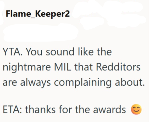 Flame_Keeper2 YTA. You sound like the nightmare MIL that Redditors are always complaining about. ETA: thanks for the awards