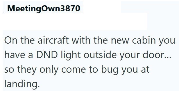 MeetingOwn3870 On the aircraft with the new cabin you have a DND light outside your door... so they only come to bug you at landing.