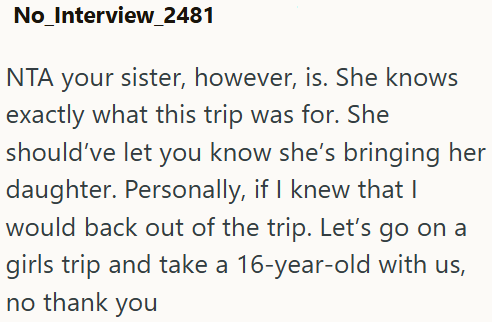 No_Interview_2481 NTA your sister, however, is. She knows exactly what this trip was for. She should've let you know she's bringing her daughter. Personally, if I knew that I would back out of the trip. Let's go on a girls trip and take a 16-year-old with us, no thank you