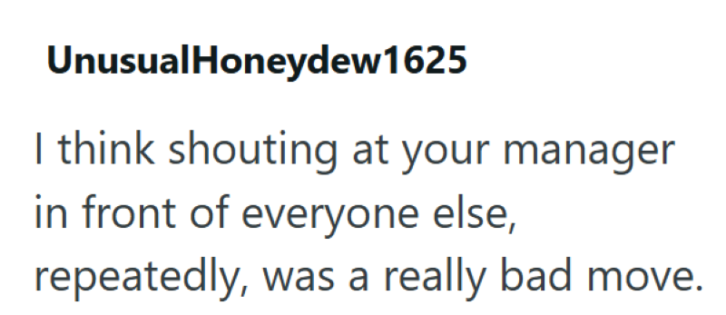 UnusualHoneydew1625 I think shouting at your manager in front of everyone else, repeatedly, was a really bad move.