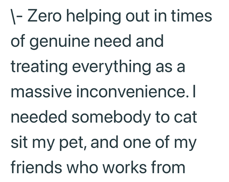 \- Zero helping out in times. of genuine need and treating everything as a massive inconvenience. I needed somebody to cat sit my pet, and one of my friends who works from