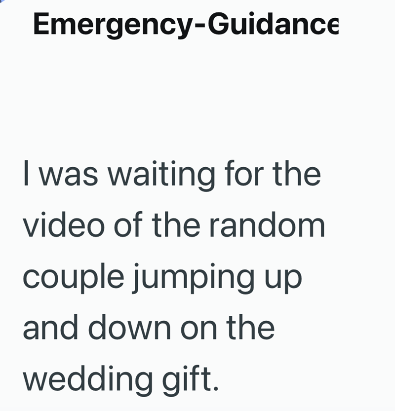 Emergency-Guidance I was waiting for the video of the random couple jumping up and down on the wedding gift.