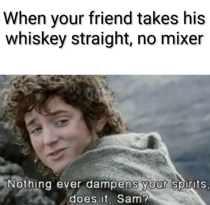 When your friend takes his whiskey straight, no mixer Nothing ever dampens your spirits, does it, Sam?