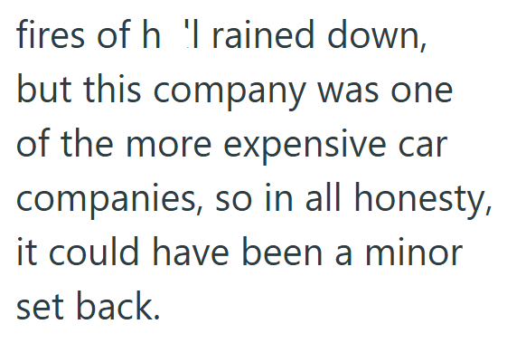 fires of h rained down, but this company was one of the more expensive car companies, so in all honesty, it could have been a minor set back.