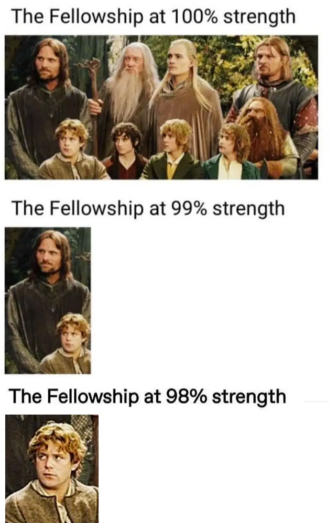 The Fellowship at 100% strength The Fellowship at 99% strength The Fellowship at 98% strength