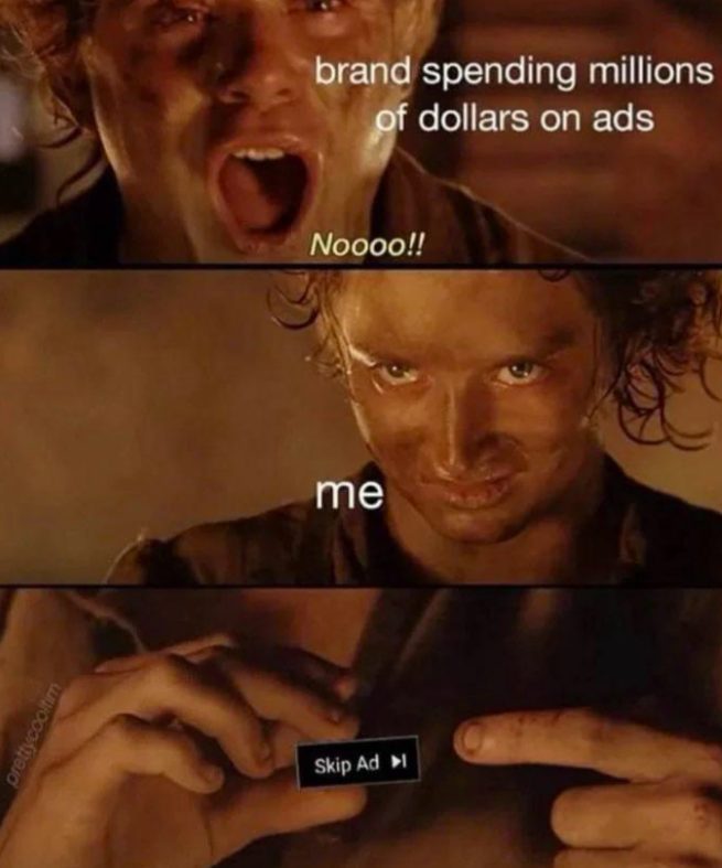 prettycooltim Skip Ad brand spending millions of dollars on ads Noooo!! me
