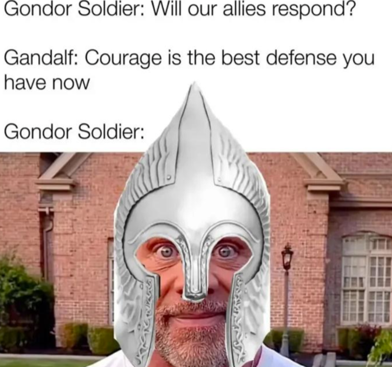 Gondor Soldier: Will our allies respond? Gandalf: Courage is the best defense you have now Gondor Soldier: