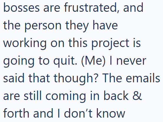 bosses are frustrated, and the person they have working on this project is going to quit. (Me) I never said that though? The emails are still coming in back & forth and I don't know
