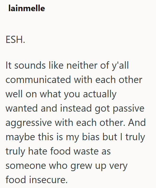 lainmelle ESH. It sounds like neither of y'all communicated with each other well on what you actually wanted and instead got passive aggressive with each other. And maybe this is my bias but I truly truly hate food waste as someone who grew up very food insecure.