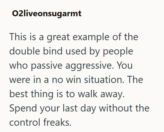 02liveonsugarmt This is a great example of the double bind used by people who passive aggressive. You were in a no win situation. The best thing is to walk away. Spend your last day without the control freaks.