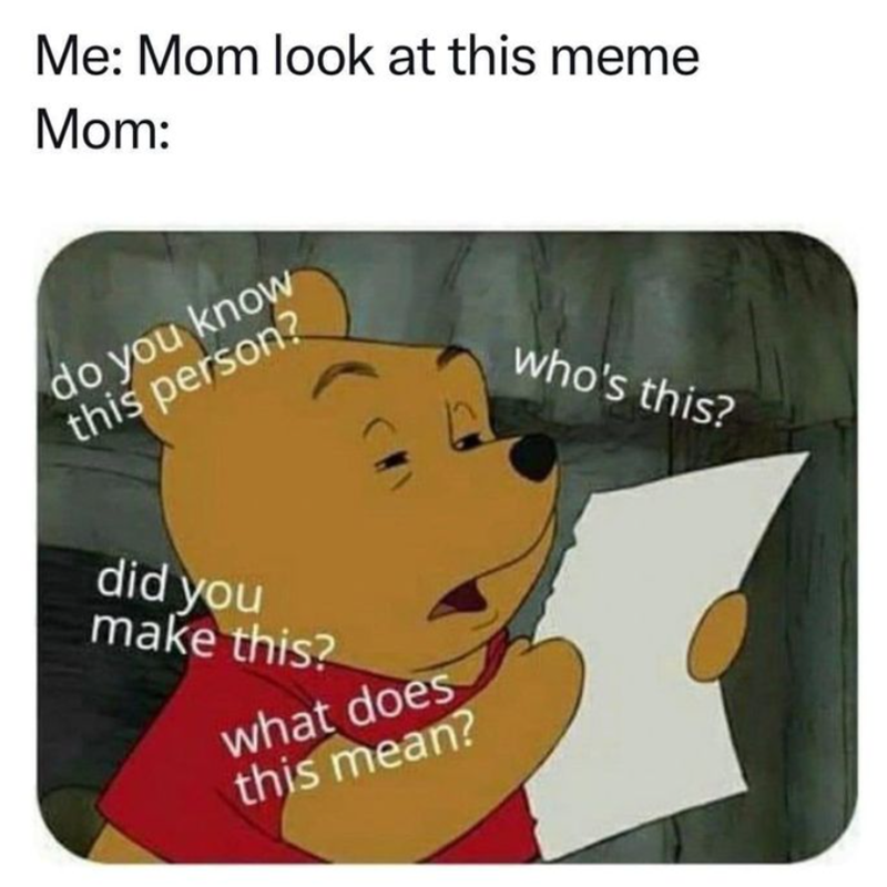 Me: Mom look at this meme Mom: do you know this person? who's this? did you make this? what does this mean?