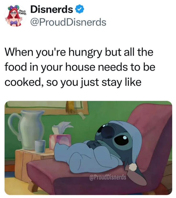 PROUD DISNERDS Disnerds ❤ @ProudDisnerds When you're hungry but all the food in your house needs to be cooked, so you just stay like @ProudDisnerds
