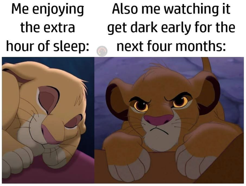 Me enjoying the extra hour of sleep: Also me watching it get dark early for the next four months: