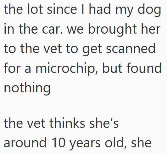 the lot since I had my dog in the car. we brought her to the vet to get scanned for a microchip, but found nothing the vet thinks she's around 10 years old, she