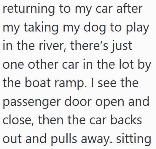 returning to my car after my taking my dog to play in the river, there's just one other car in the lot by the boat ramp. I see the passenger door open and close, then the car backs out and pulls away. sitting