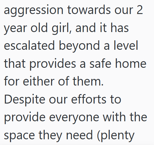 aggression towards our 2 year old girl, and it has escalated beyond a level that provides a safe home for either of them. Despite our efforts to provide everyone with the space they need (plenty