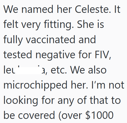 We named her Celeste. It felt very fitting. She is fully vaccinated and tested negative for FIV, leɩ' a, etc. We also microchipped her. I'm not looking for any of that to be covered (over $1000