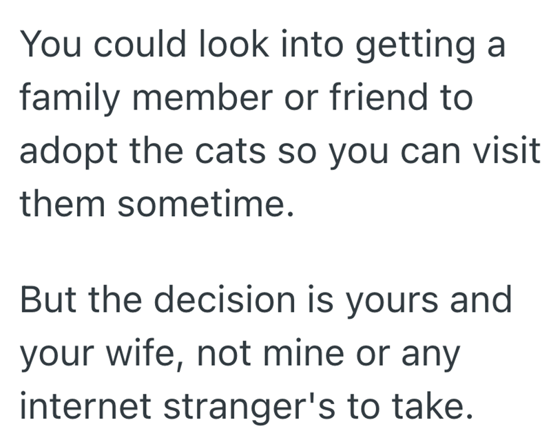 You could look into getting a family member or friend to adopt the cats so you can visit them sometime. But the decision is yours and your wife, not mine or any internet stranger's to take.