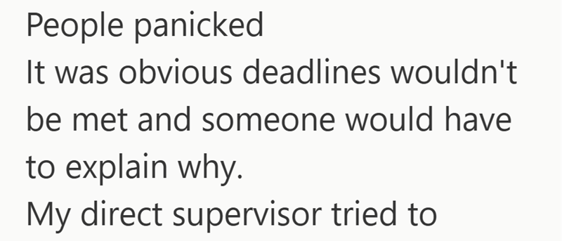 People panicked It was obvious deadlines wouldn't be met and someone would have to explain why. My direct supervisor tried to
