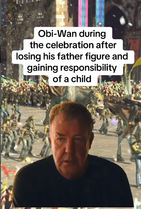 Obi-Wan during the celebration after losing his father figure and gaining responsibility of a child