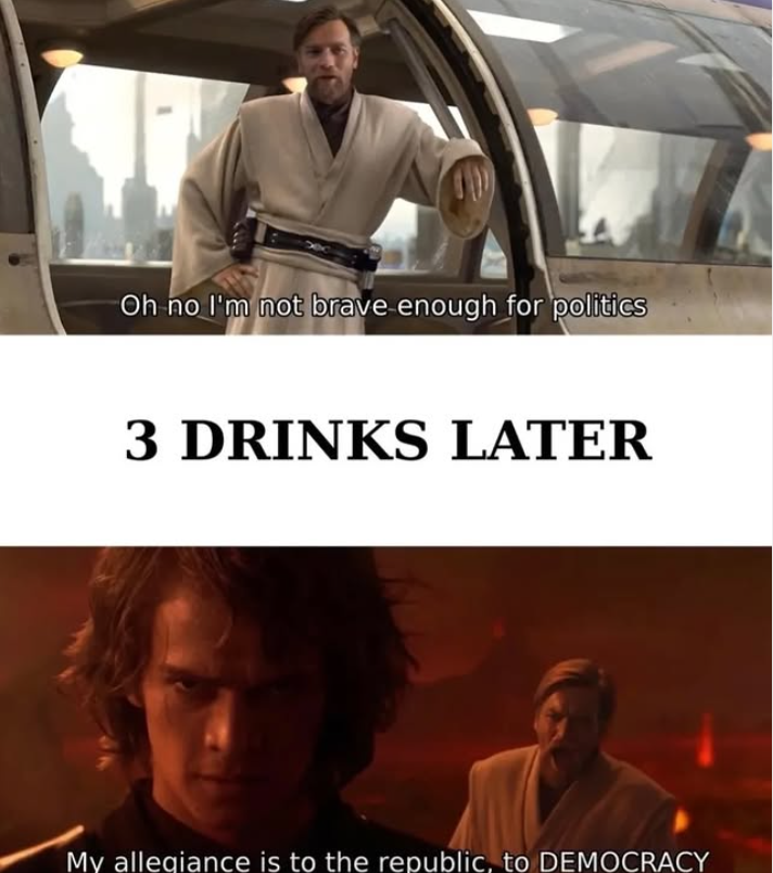 Oh no I'm not brave enough for politics 3 DRINKS LATER My allegiance is to the republic, to DEMOCRACY