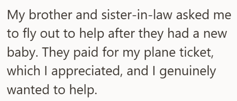 My brother and sister-in-law asked me to fly out to help after they had a new baby. They paid for my plane ticket, which I appreciated, and I genuinely wanted to help.