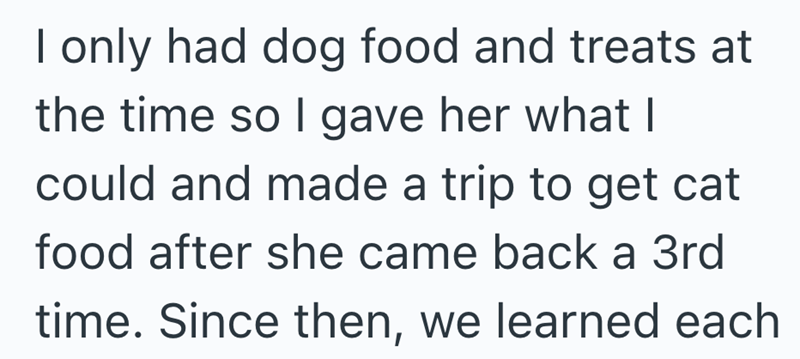 I only had dog food and treats at the time so I gave her what I could and made a trip to get cat food after she came back a 3rd time. Since then, we learned each