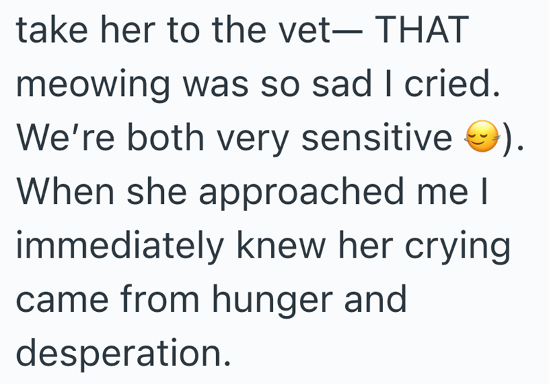 take her to the vet― THAT meowing was so sad I cried. We're both very sensitive ). When she approached me I immediately knew her crying came from hunger and desperation.