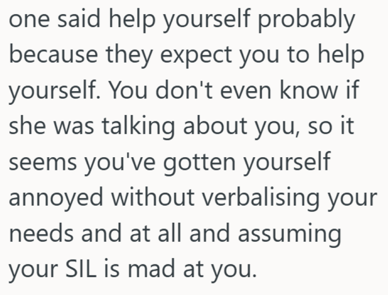 one said help yourself probably because they expect you to help yourself. You don't even know if she was talking about you, so it seems you've gotten yourself annoyed without verbalising your needs and at all and assuming your SIL is mad at you.