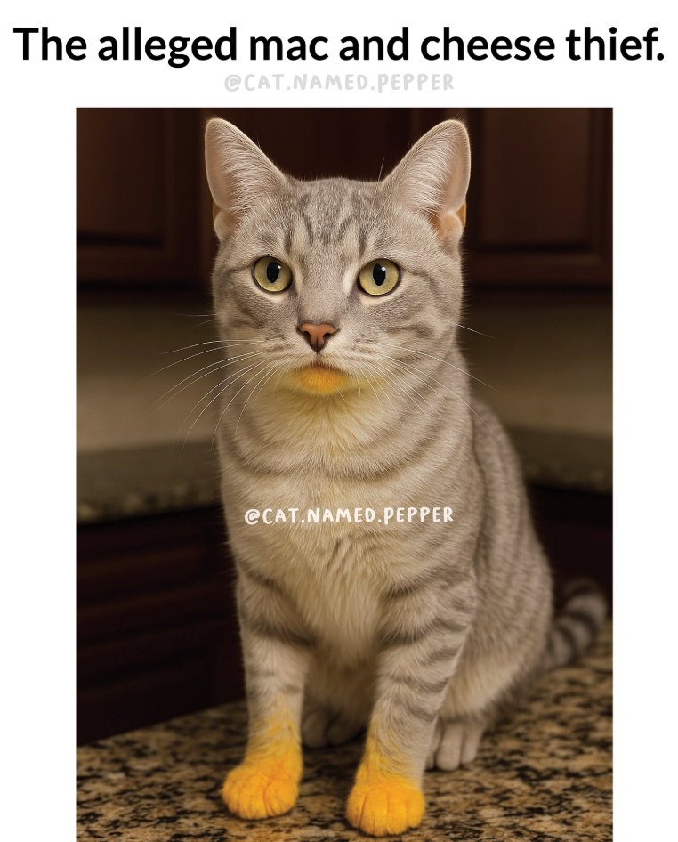 The alleged mac and cheese thief. @CAT.NAMED.PEPPER @CAT.NAMED.PEPPER