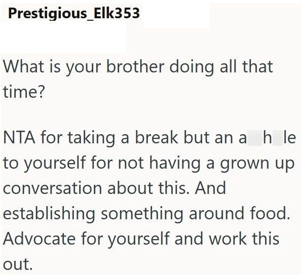 Prestigious Elk353 What is your brother doing all that time? NTA for taking a break but an a hle to yourself for not having a grown up conversation about this. And establishing something around food. Advocate for yourself and work this out.