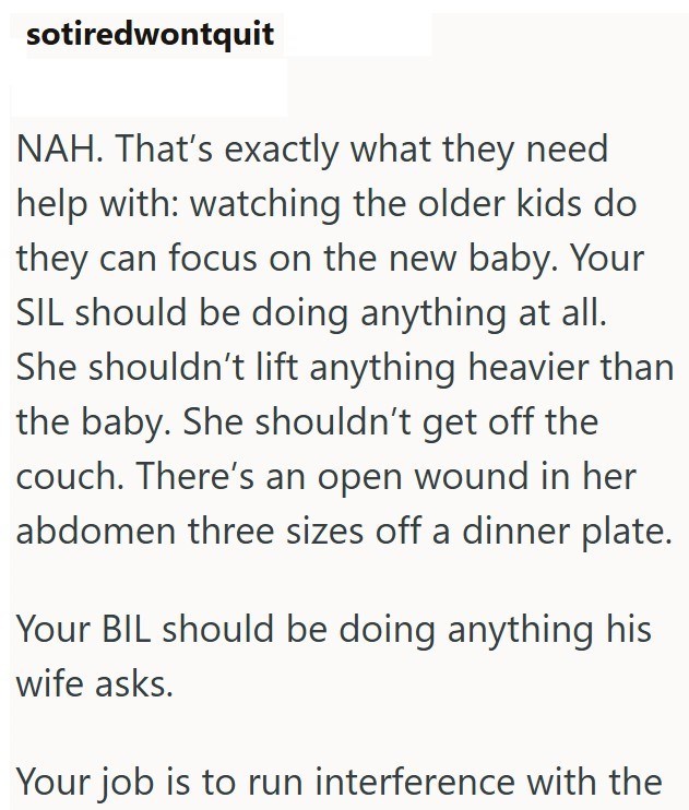 sotiredwontquit NAH. That's exactly what they need help with: watching the older kids do they can focus on the new baby. Your SIL should be doing anything at all. She shouldn't lift anything heavier than the baby. She shouldn't get off the couch. There's an open wound in her abdomen three sizes off a dinner plate. Your BIL should be doing anything his wife asks. Your job is to run interference with the