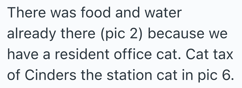 There was food and water already there (pic 2) because we have a resident office cat. Cat tax of Cinders the station cat in pic 6.