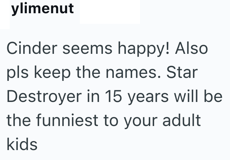 ylimenut Cinder seems happy! Also pls keep the names. Star Destroyer in 15 years will be the funniest to your adult kids