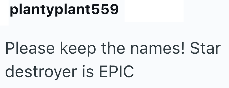 plantyplant559 Please keep the names! Star destroyer is EPIC