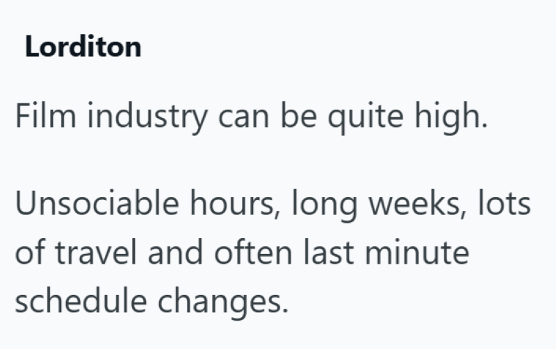 Lorditon Film industry can be quite high. Unsociable hours, long weeks, lots of travel and often last minute schedule changes.