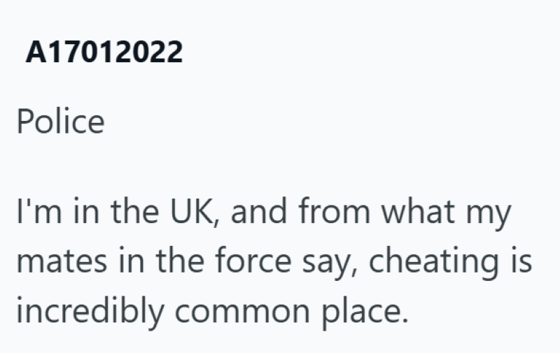 A17012022 Police I'm in the UK, and from what my mates in the force say, cheating is incredibly common place.