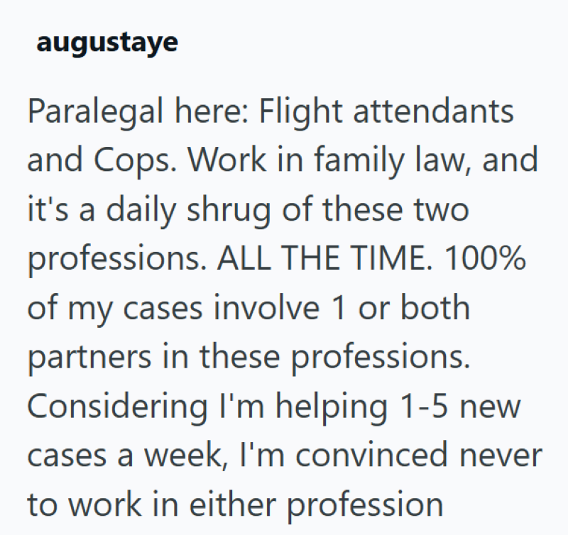 augustaye Paralegal here: Flight attendants and Cops. Work in family law, and it's a daily shrug of these two professions. ALL THE TIME. 100% of my cases involve 1 or both partners in these professions. Considering I'm helping 1-5 new. cases a week, I'm convinced never to work in either profession