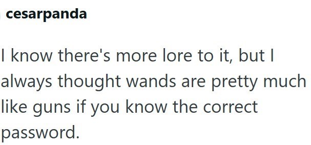 cesarpanda I know there's more lore to it, but I always thought wands are pretty much like guns if you know the correct password.