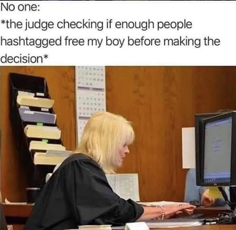 No one: *the judge checking if enough people hashtagged free my boy before making the decision*