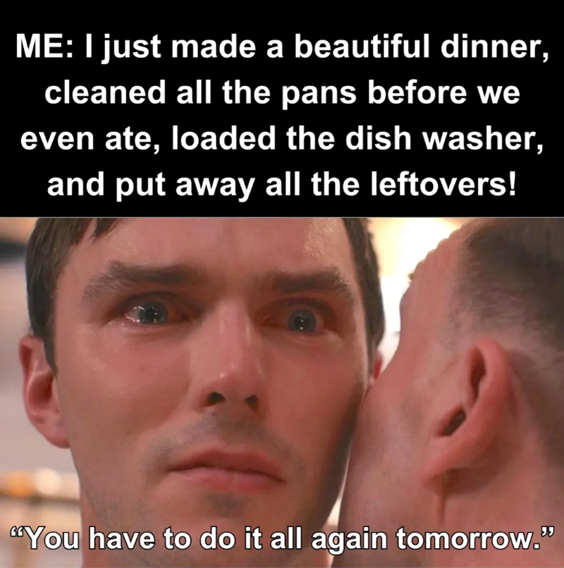 ME: I just made a beautiful dinner, cleaned all the pans before we even ate, loaded the dish washer, and put away all the leftovers! "You have to do it all again tomorrow."