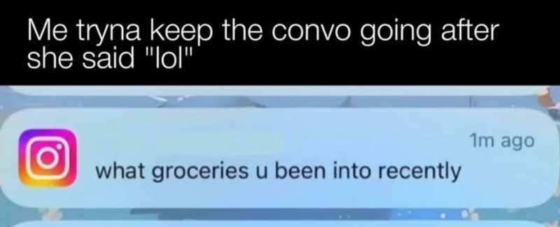 Me tryna keep the convo going after she said "lol" what groceries u been into recently 1m ago