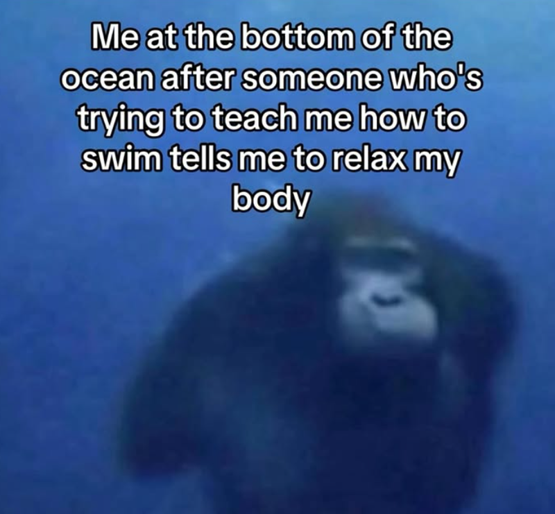 Me at the bottom of the ocean after someone who's trying to teach me how to swim tells me to relax my body