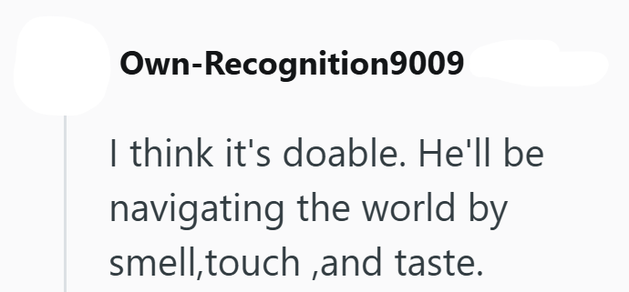 Own-Recognition9009 I think it's doable. He'll be navigating the world by smell, touch, and taste.