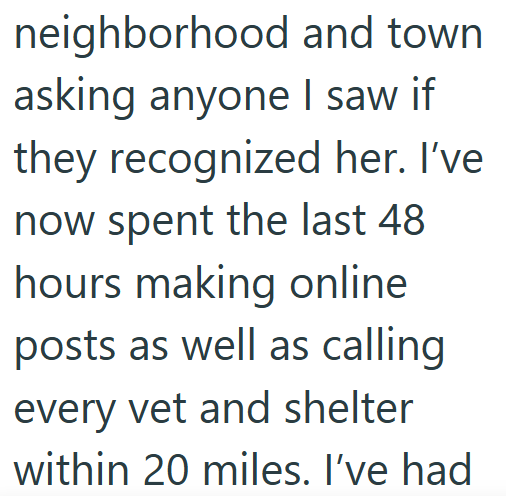 neighborhood and town asking anyone I saw if they recognized her. I've now spent the last 48 hours making online posts as well as calling every vet and shelter within 20 miles. I've had