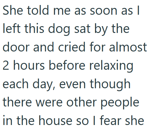 She told me as soon as I left this dog sat by the door and cried for almost 2 hours before relaxing each day, even though there were other people in the house so I fear she