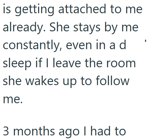 is getting attached to me already. She stays by me constantly, even in a d sleep if I leave the room she wakes up to follow me. 3 months ago I had to