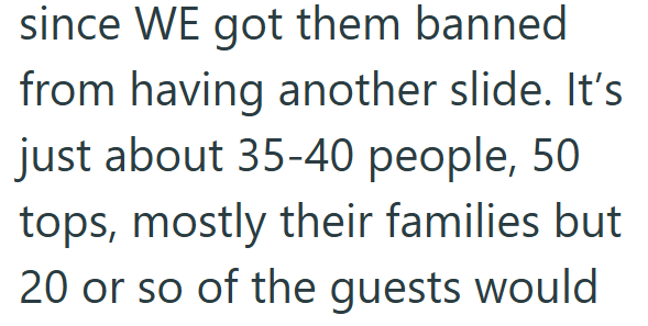 since WE got them banned. from having another slide. It's just about 35-40 people, 50 tops, mostly their families but 20 or so of the guests would