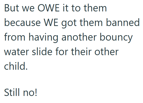 But we OWE it to them because WE got them banned from having another bouncy. water slide for their other child. Still no!